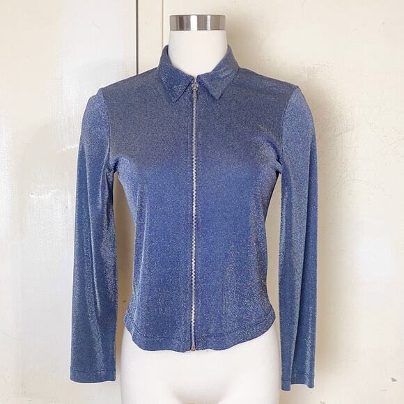 Full Circle Vintage Blue Metallic Collared Jacket Womens M Zip Up Y2K Mall Goth - Picture 1 of 5